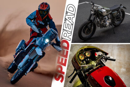 The new KTM 450 Rally Replica, a Honda CB550 custom, and a Ducati SportClassic café racer